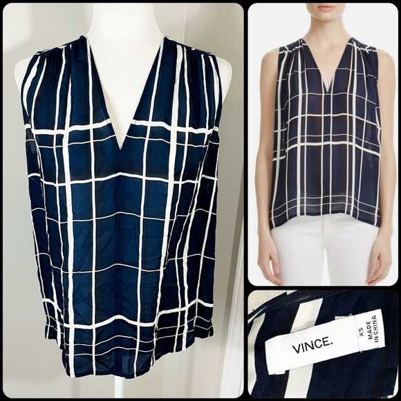 VINCE Navy Blue Lattice Print V-Neck Sleeveless 100% Silk Blouse - XS - Picture 1 of 9